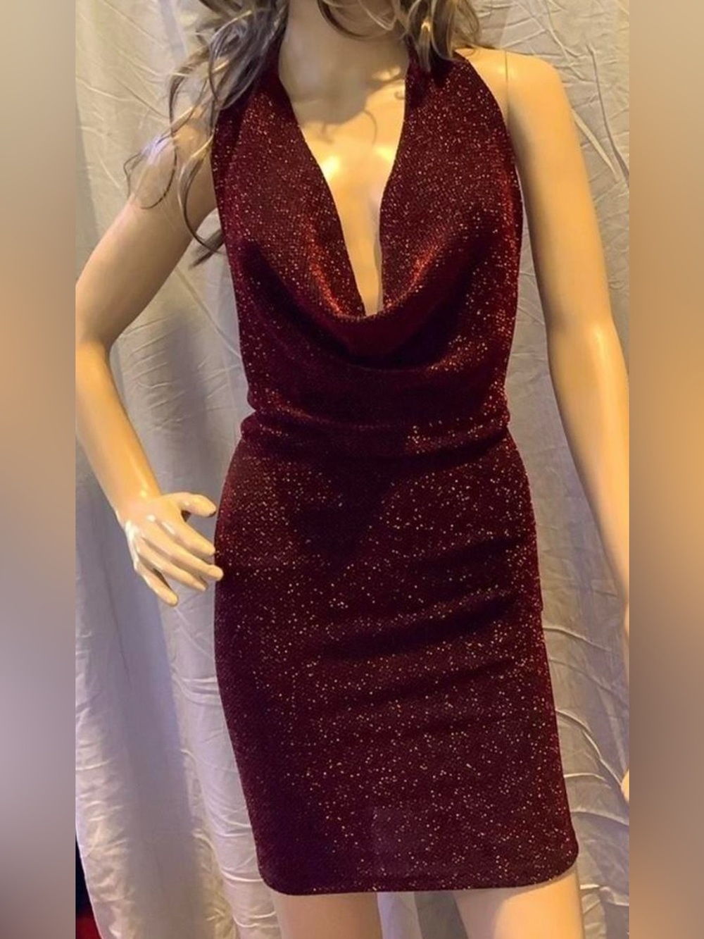 Sparkle Cowl Neck Mini Dress in Burgundy